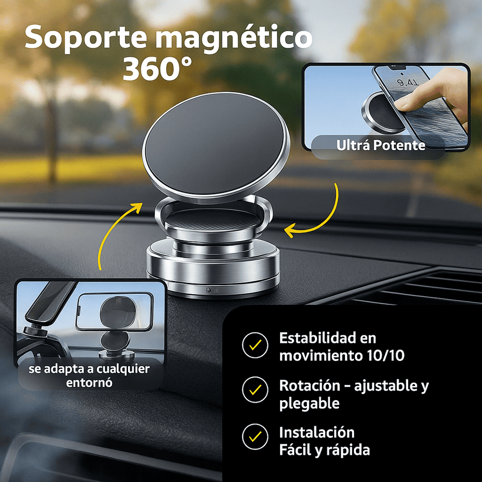 Soporte Magnético 360° ¡Seguridad y Estilo en un solo Producto! ¡BLACK FRIDAY! ANTES S/99.00 AHORA S/59.00+ 1 AÑO DE GARANTIA DE REGALO 🎁