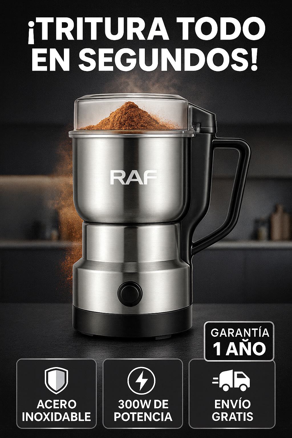 Molino Eléctrico RAF 300W – Tritura Café, Granos y Especias al Instante ⚡