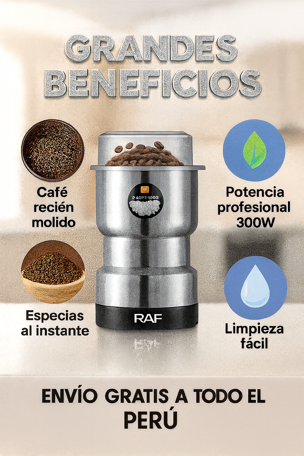 Molino Eléctrico RAF 300W – Tritura Café, Granos y Especias al Instante ⚡