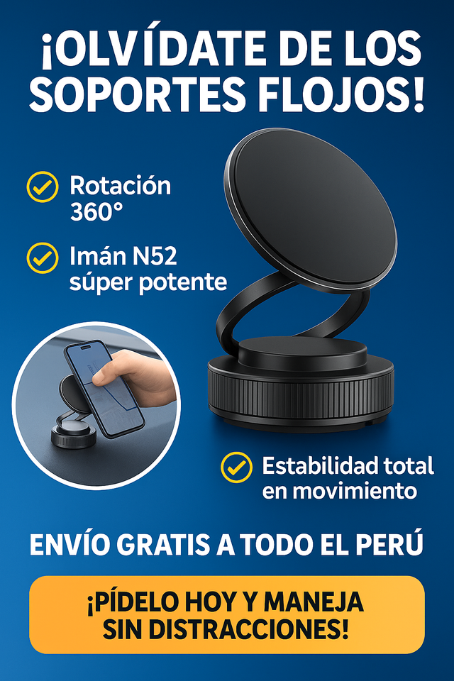 Soporte Magnético 360° ¡Seguridad y Estilo en un solo Producto! ¡BLACK FRIDAY! ANTES S/99.00 AHORA S/59.00+ 1 AÑO DE GARANTIA DE REGALO 🎁